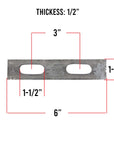 Diagram of a U-bolt plate with 1/2 inch holes, 6 inches long, showing dimensions and hole placement for reference.