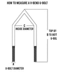 A measurement guide for a 1/2-inch V-bolt, showing detailed dimensions and specifications.