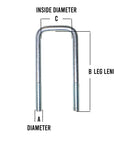 A measurement guide for a 1/2-inch zinc U-bolt, 6 inch long showing dimensions and specifications.
