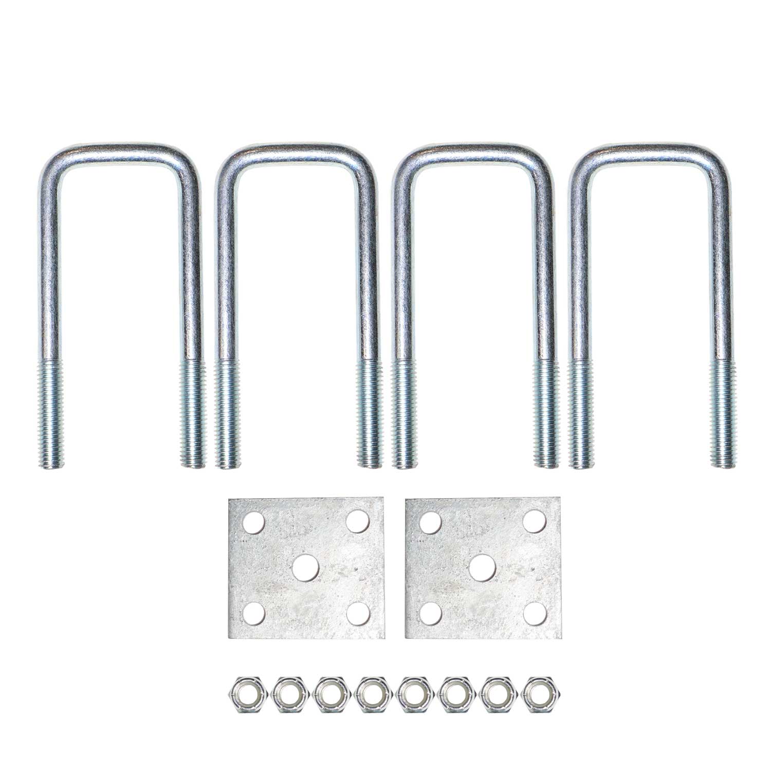 1/2 inch zinc coated trailer U-bolt kit, 6 inch length. Zinc coating prevents rust corrosion on U-bolts.