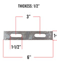 Diagram of a U-bolt plate with 3/8 inch holes, 6 inches long, showing dimensions and hole placement for reference.