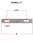 Diagram of a U-bolt plate with 3/8 inch holes, 8 inches long, showing dimensions and hole placement for reference.
