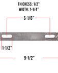 Diagram of a U-bolt plate with 3/8 inch holes, 9-1/2 inches long, showing dimensions and hole placement for reference.