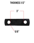 Diagram of a truck body U-bolt plate with 5/8 inch holes, 3 inch inside diameter, showing dimensions and hole placement.