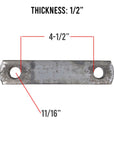 Diagram of a truck body U-bolt plate with 5/8 inch holes, 4-1/2 inch inside diameter, showing dimensions and hole placement.