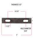 Diagram of a U-bolt plate with 5/8 inch holes, 7 inches long, showing dimensions and hole placement for reference.