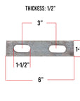 Diagram of a U-bolt plate with 5/8 inch holes, 6 inches long, showing dimensions and hole placement for reference.