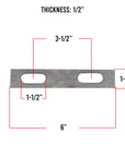 Diagram of a U-bolt plate with 9/16 inch holes, 6 inches long, showing dimensions and hole placement for reference.