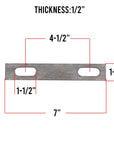 Diagram of a U-bolt plate with 9/16 inch holes, 7 inches long, showing dimensions and hole placement for reference.