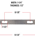 Diagram of a U-bolt plate with 9/16 inch holes, 9-1/4 inches long, showing dimensions and hole placement for reference.
