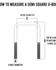 A measurement guide for a 1/2-inch semi square U-bolt, showing detailed dimensions and specifications.