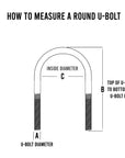 A measurement guide for a 3/8-inch round U-bolt, showing detailed dimensions and specifications.