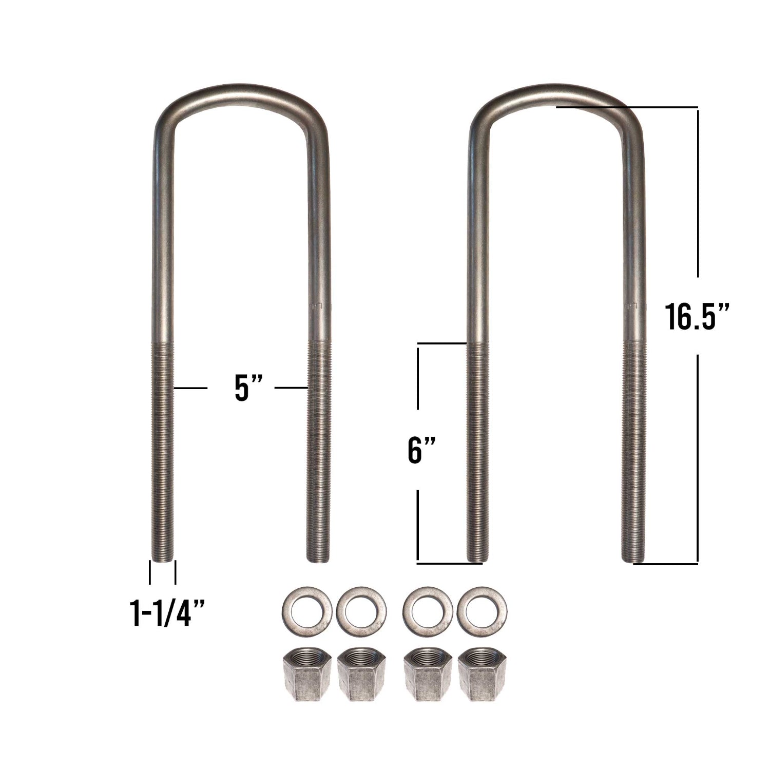 1-1/4 inch semi-round U-bolt kit, 16-1/2 inches long, 5 inch inside diameter includes nuts and washers.