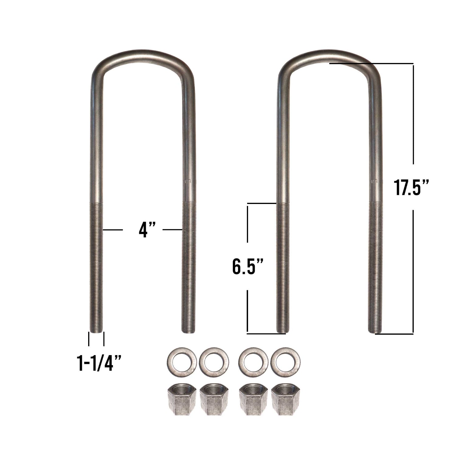 1-1/4 inch semi-round U-bolt kit, 17-1/2 inches long, 4 inch inside diameter includes nuts and washers.