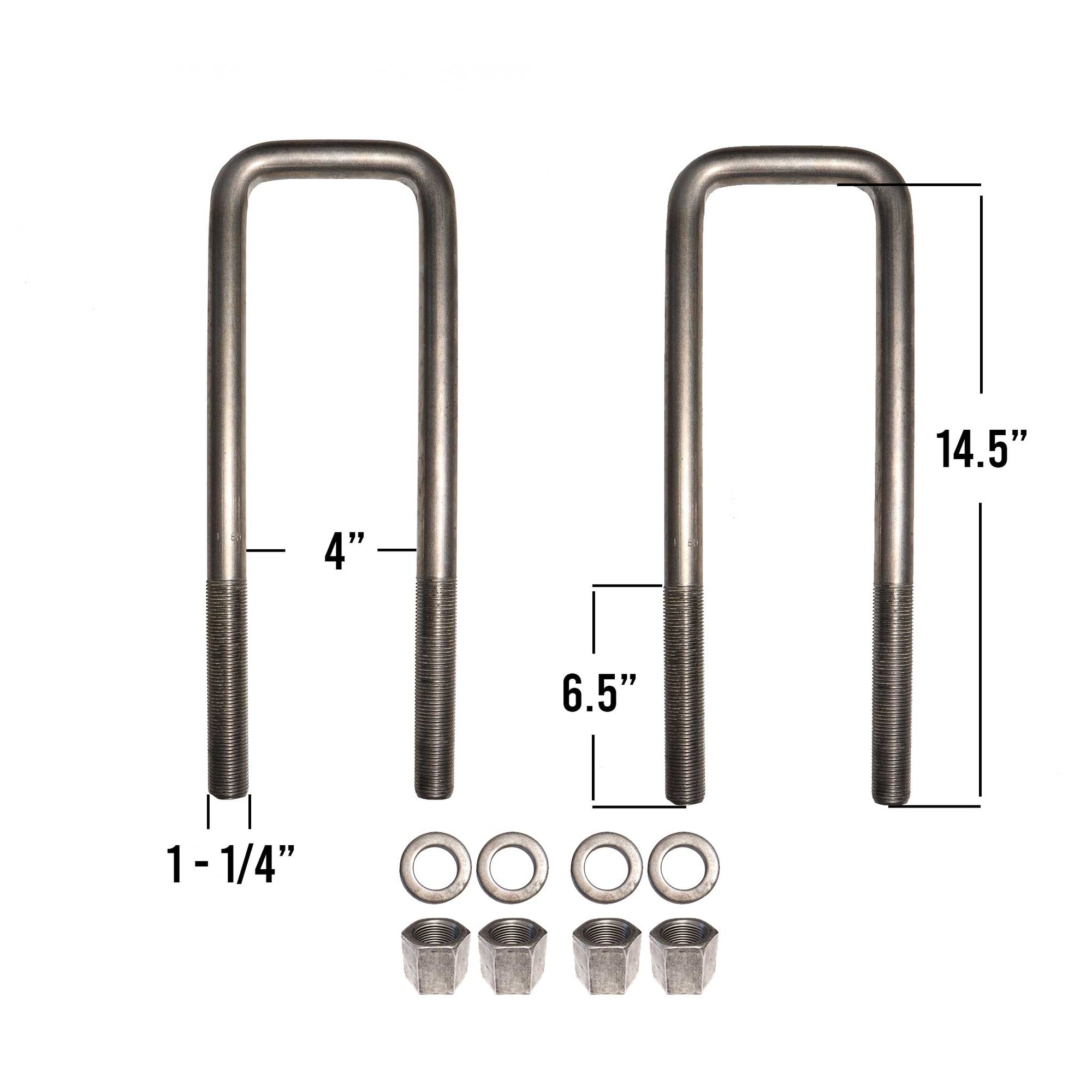 1-1/4 inch square U-bolt kit, 14-1/2 inches long, 4 inch inside diameter includes nuts and washers.