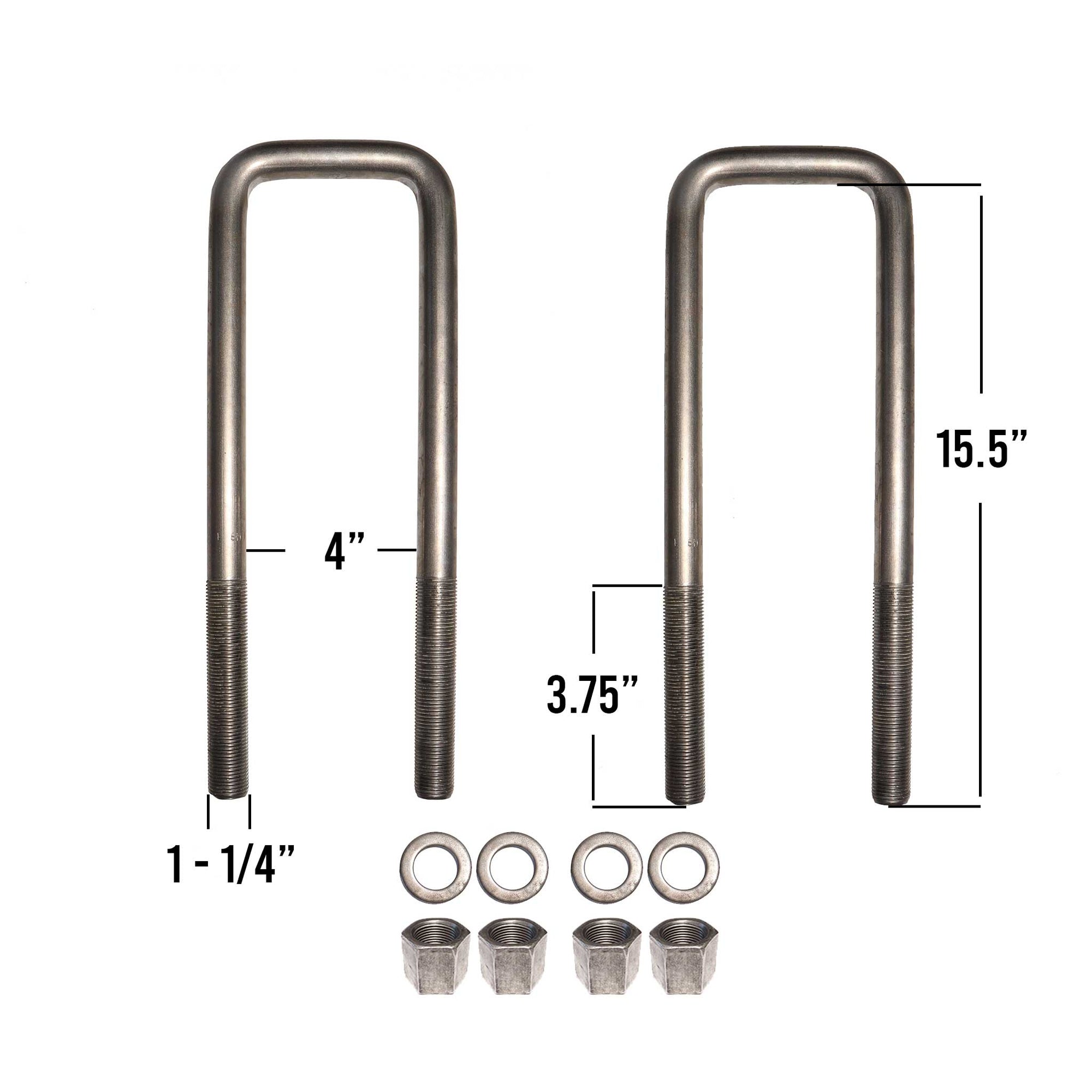 1-1/4 inch square U-bolt kit, 15-1/2 inches long, 4 inch inside diameter includes nuts and washers.