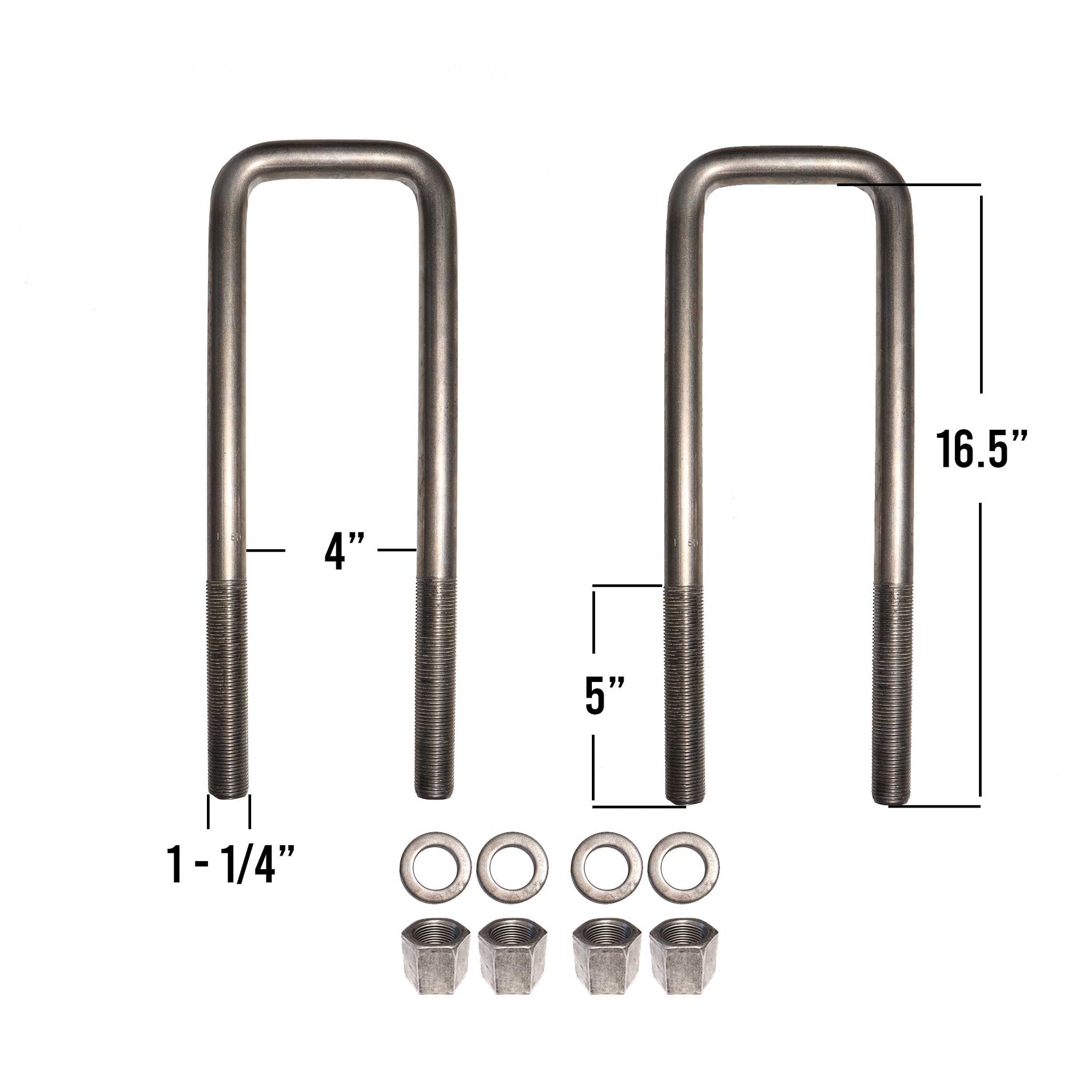 1-1/4 inch square U-bolt kit, 16-1/2 inches long, 4 inch inside diameter includes nuts and washers.