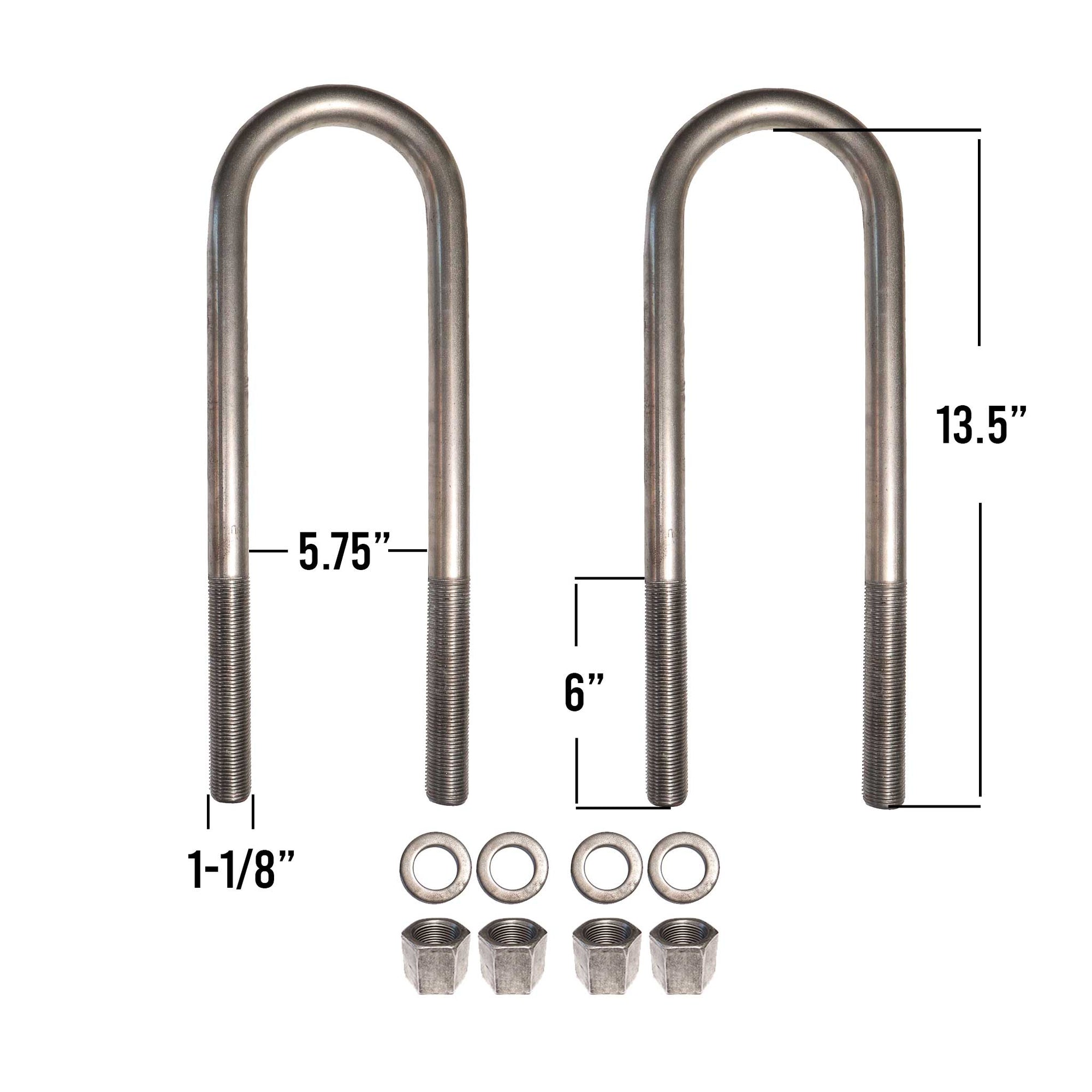 1-1/8 inch square U-bolt kit, 13-1/2 inches long, 5-3/4 inch inside diameter includes nuts and washers.