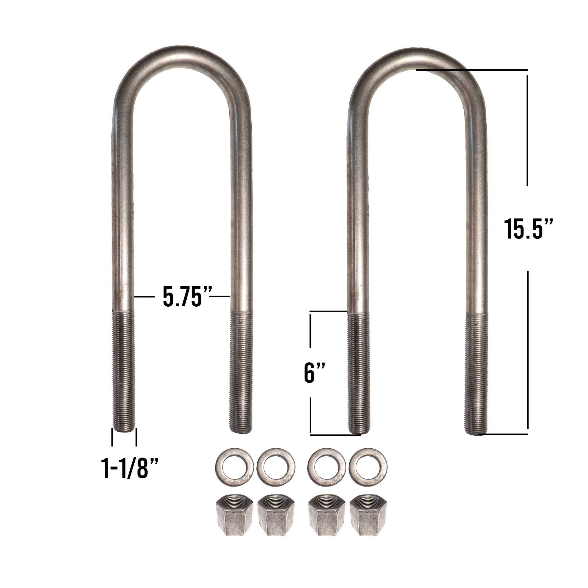 1-1/8 inch square U-bolt kit, 15-1/2 inches long, 5-3/4 inch inside diameter includes nuts and washers.