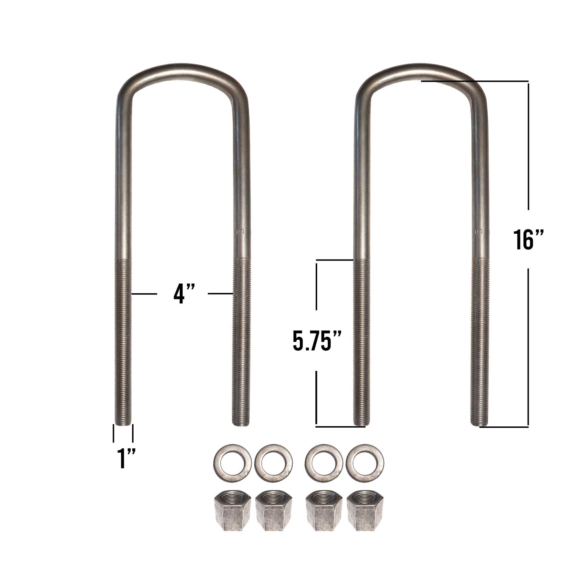 1" semi round U-bolt kits with 16" leg length.