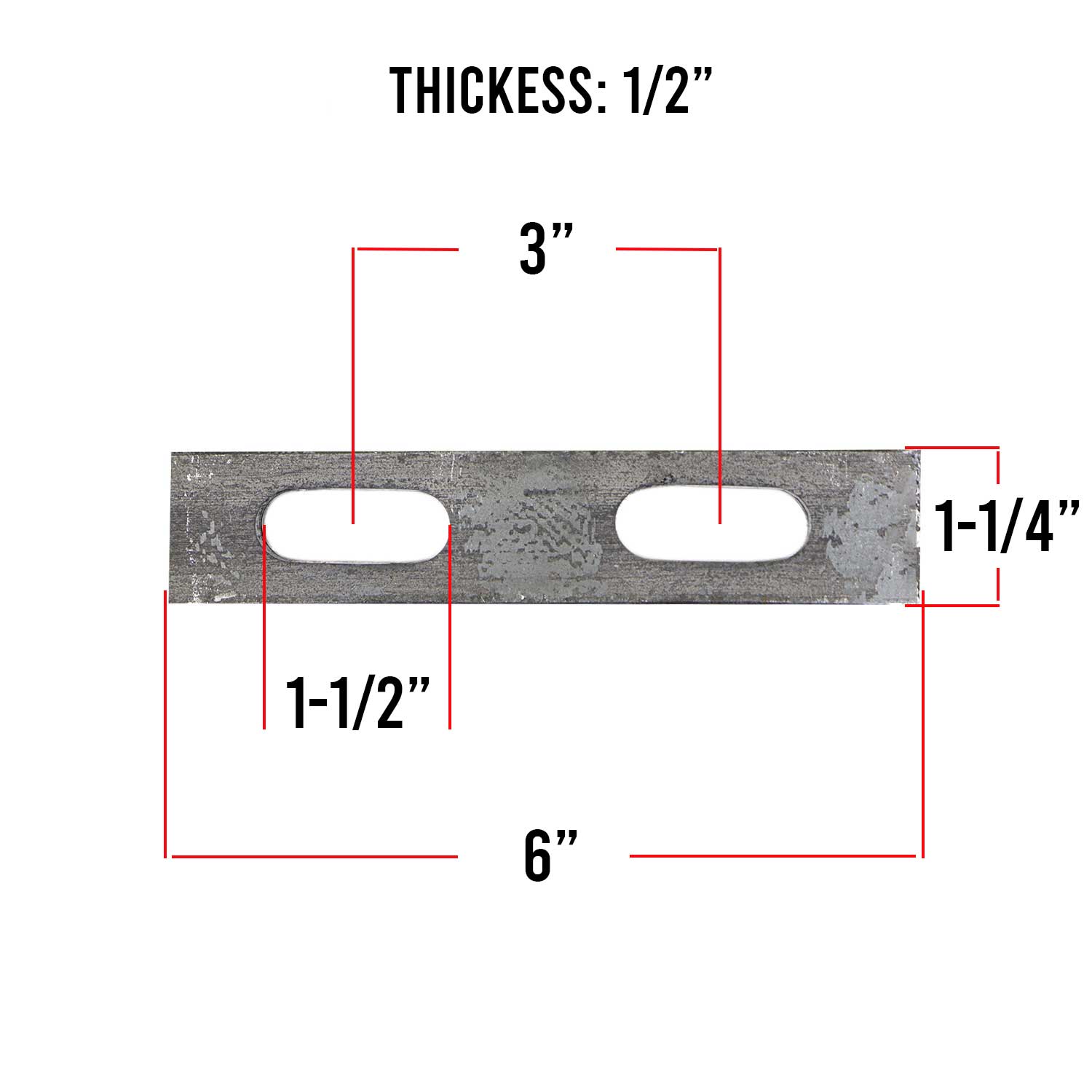 Diagram of a U-bolt plate with 1/2 inch holes, 6 inches long, showing dimensions and hole placement for reference.