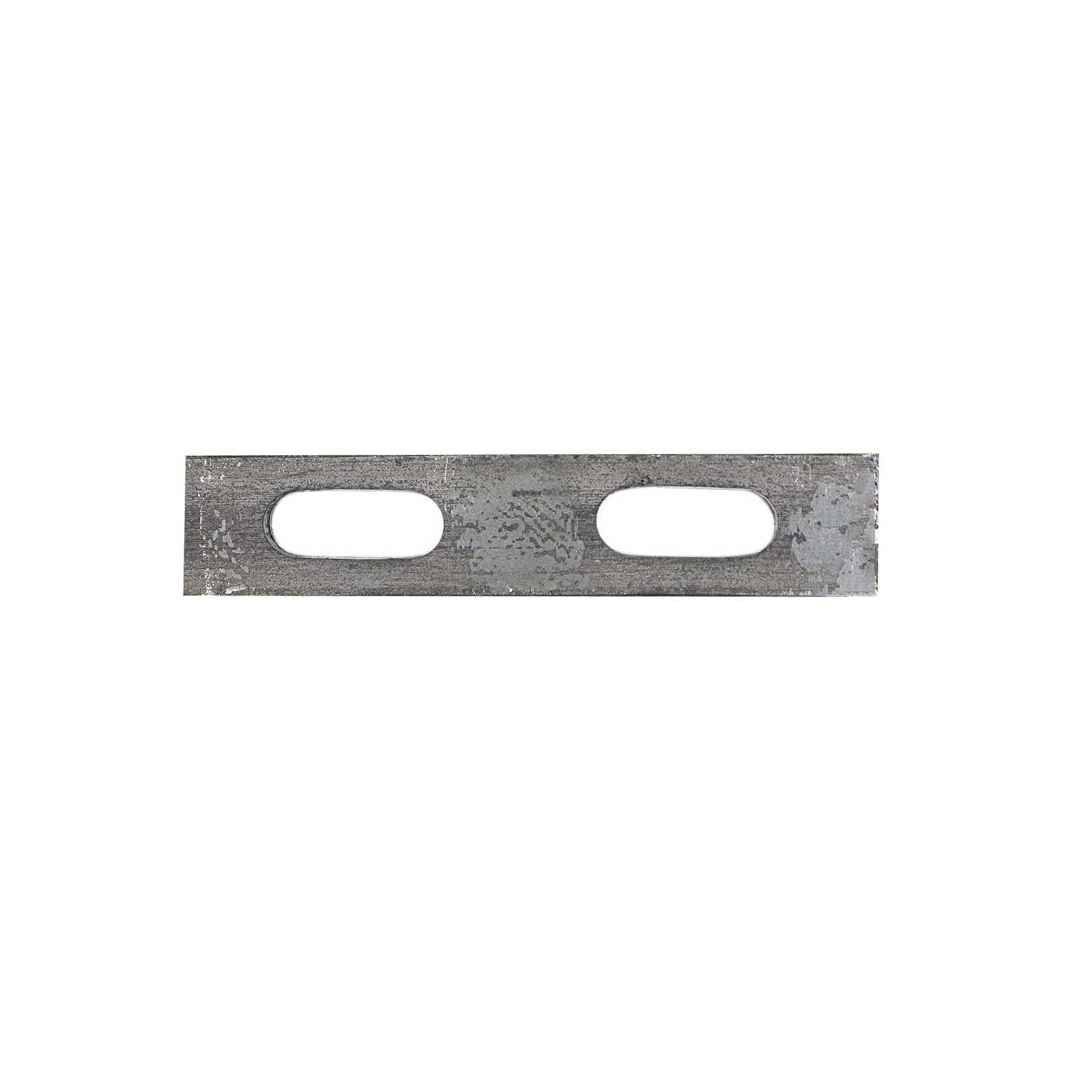 Metal U-bolt plate with 1/2 inch holes, measuring 6 inches long, designed for securing U-bolts.