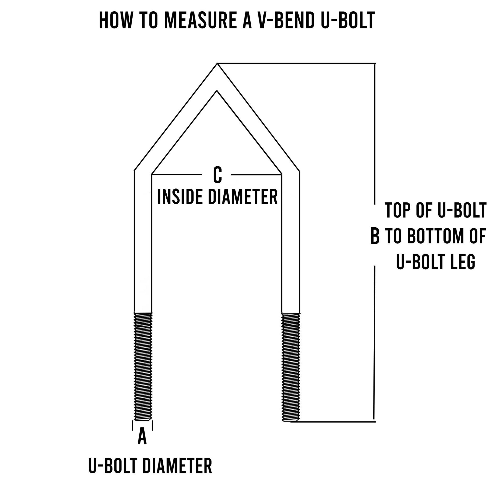 A measurement guide for a 1/2-inch V-bolt, showing detailed dimensions and specifications.