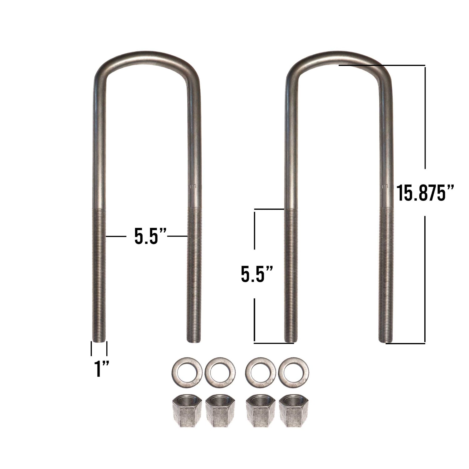 1 inch semi-round U-bolt kit, 15-7/8 inches long, 5-1/2 inch inside diameter includes nuts and washers.