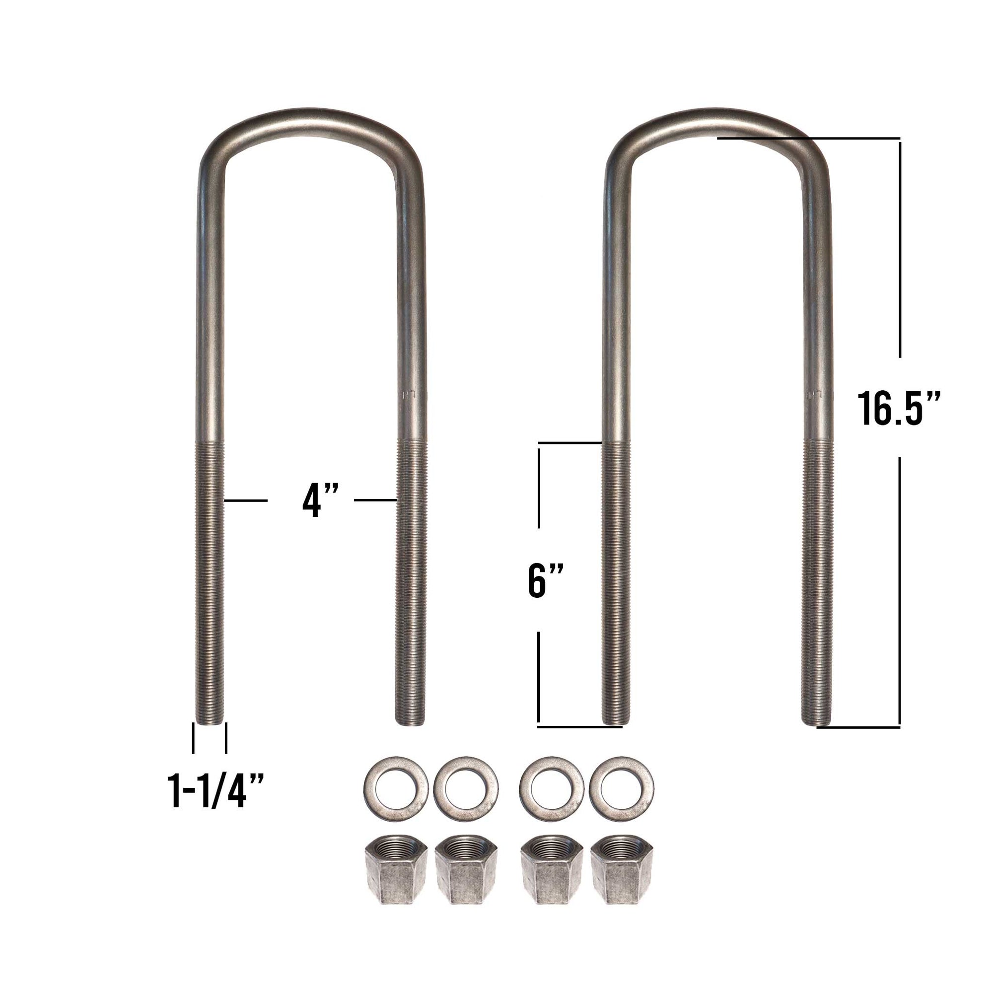 1-1/4" semi round U-bolt with with 16-1/2" leg length.