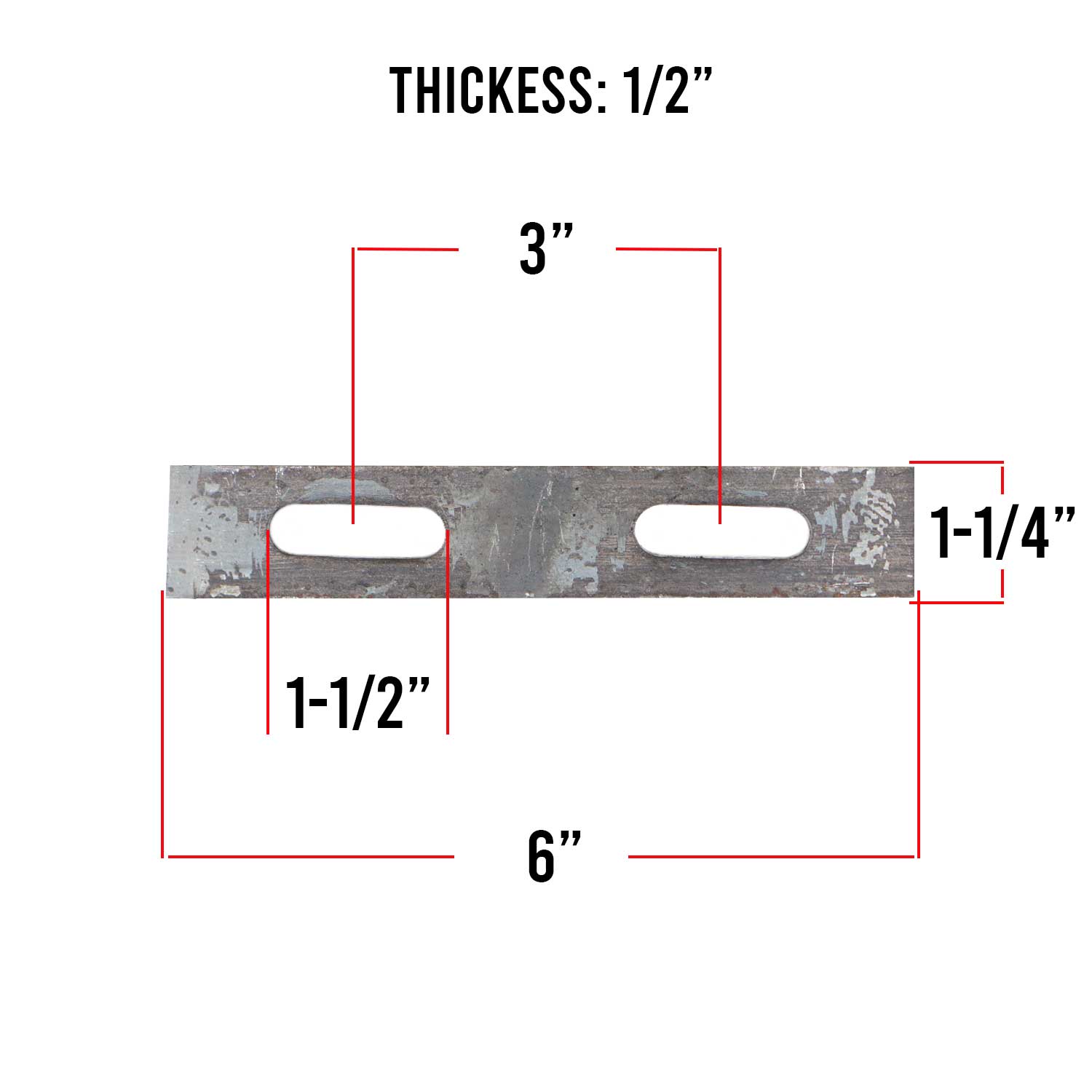 Diagram of a U-bolt plate with 3/8 inch holes, 6 inches long, showing dimensions and hole placement for reference.