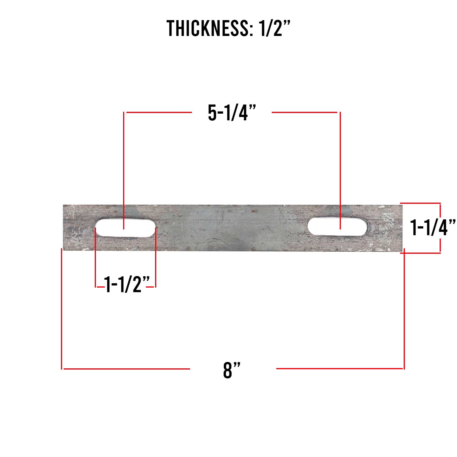 Diagram of a U-bolt plate with 3/8 inch holes, 8 inches long, showing dimensions and hole placement for reference.