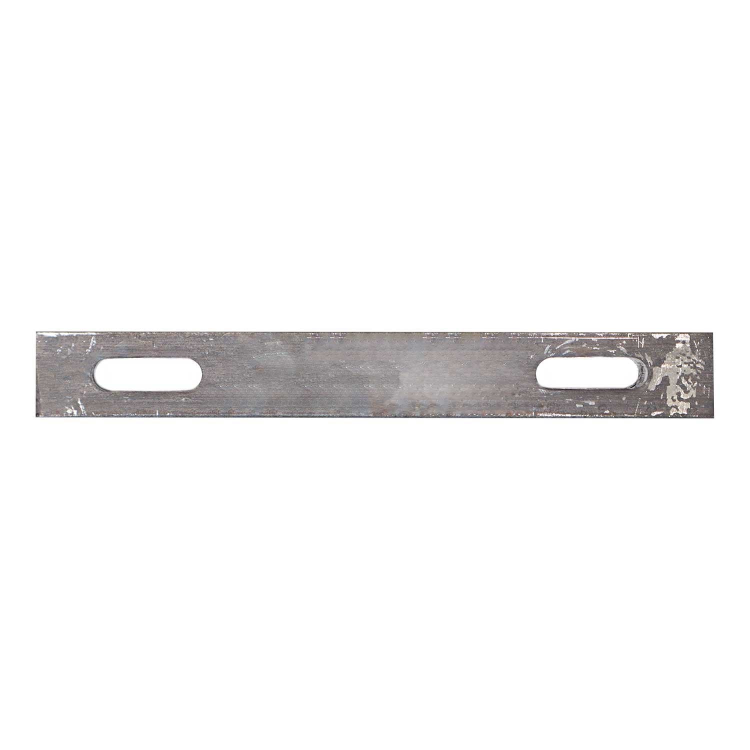 Metal U-bolt plate with 3/8 inch holes, measuring 9-1/2 inches long, designed for securing U-bolts.