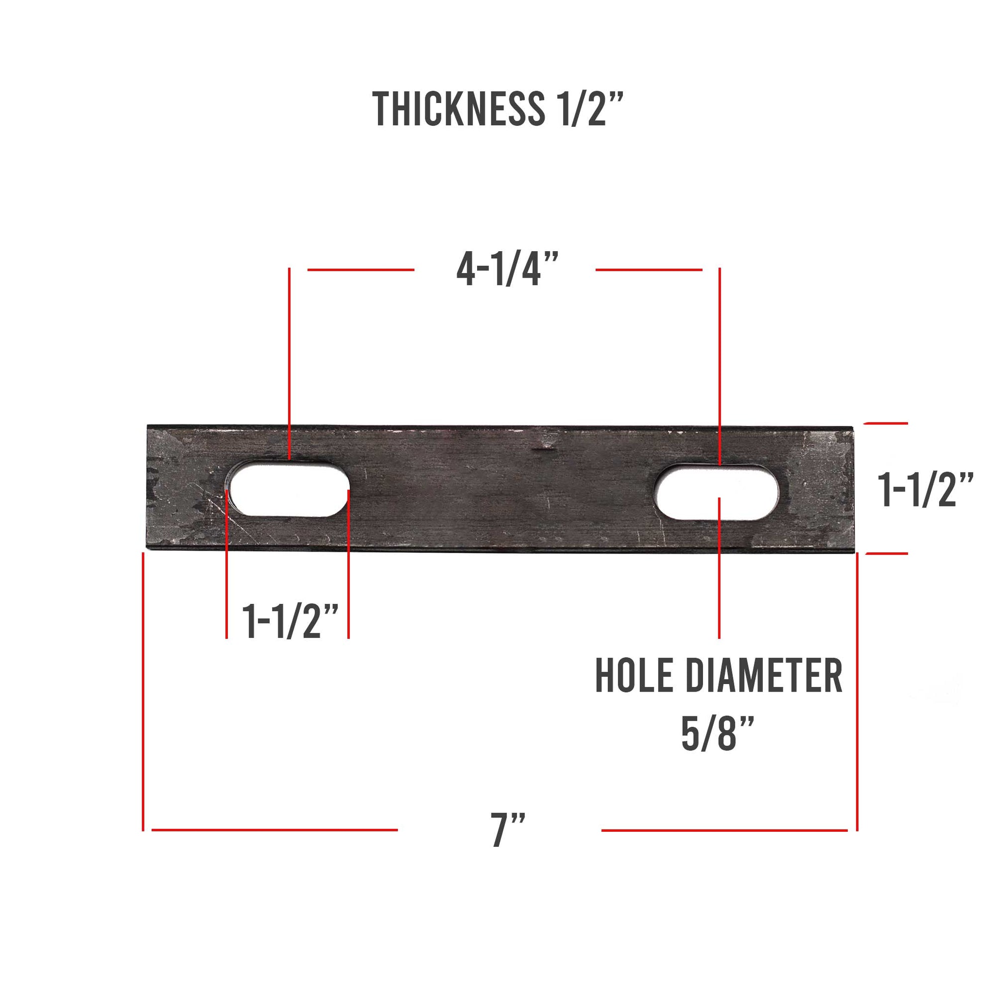 Diagram of a U-bolt plate with 5/8 inch holes, 7 inches long, showing dimensions and hole placement for reference.