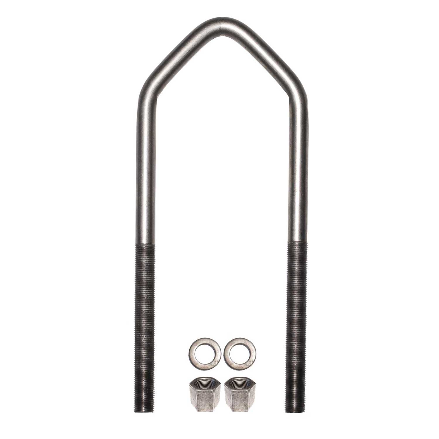 5/8 inch diameter V-bolt with 2 nuts and 2 washers. Fastener for automotive, trailer and industrial applications.