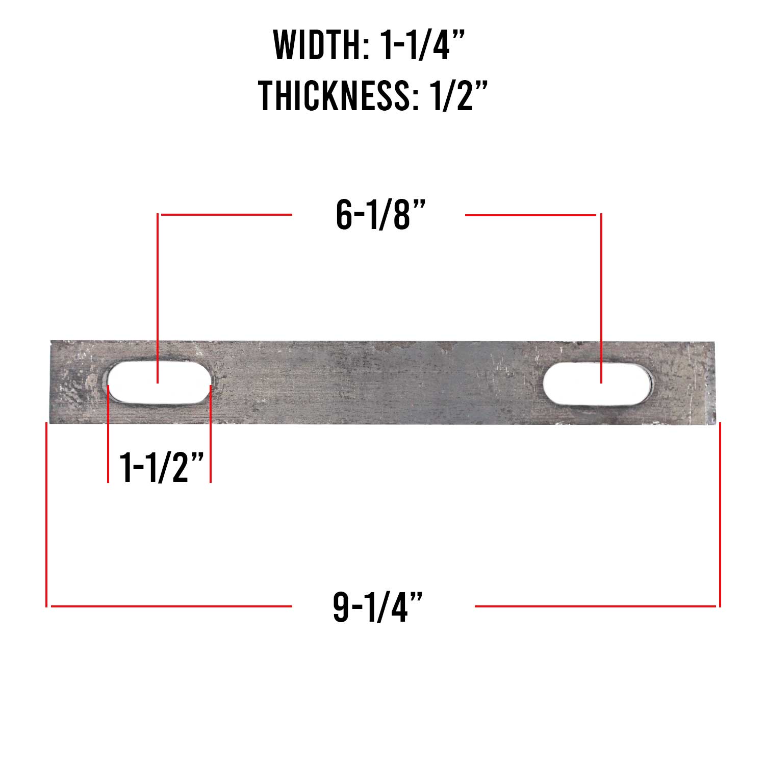 Diagram of a U-bolt plate with 9/16 inch holes, 9-1/4 inches long, showing dimensions and hole placement for reference.